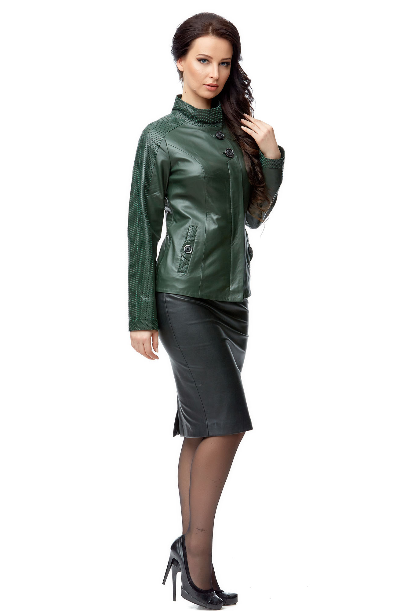 Кожаная куртка женская темно зеленая